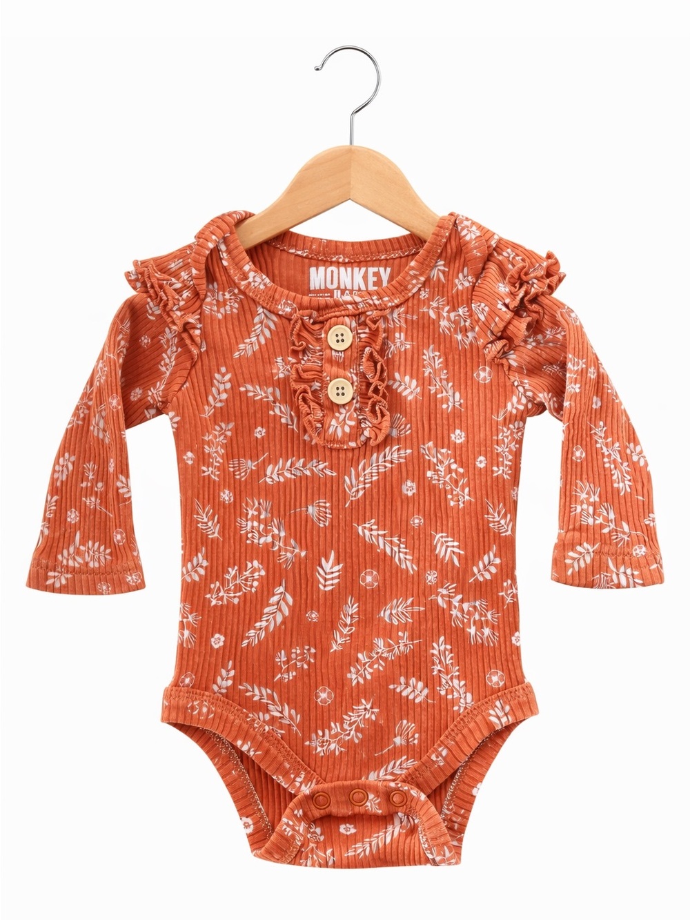 5/$10 Monkey Bars Rust Floral Ribbed Baby Girl Onesie with Ruffle Shoulders 0-3